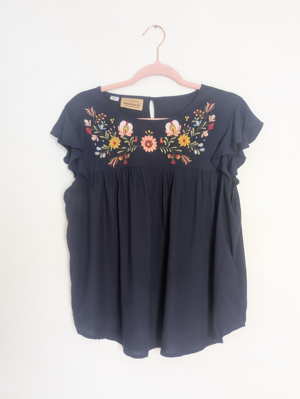 Sears  Roebuck & Co Embroidered Navy Blouse Size Large Vintage